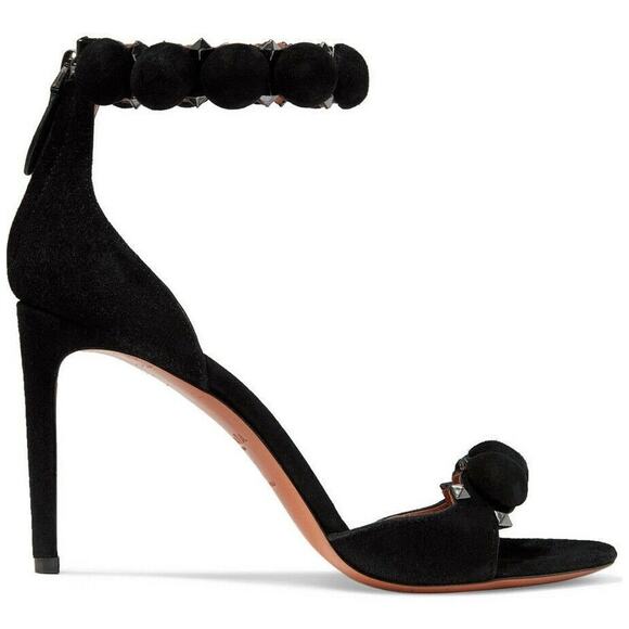 Alaia Bombe 90mm Black Suede Studded Pom Pom Ankle Strap Sandal Heel Pump 37 - Picture 2 of 7